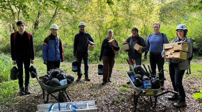 Group of volunteers with bat boxes